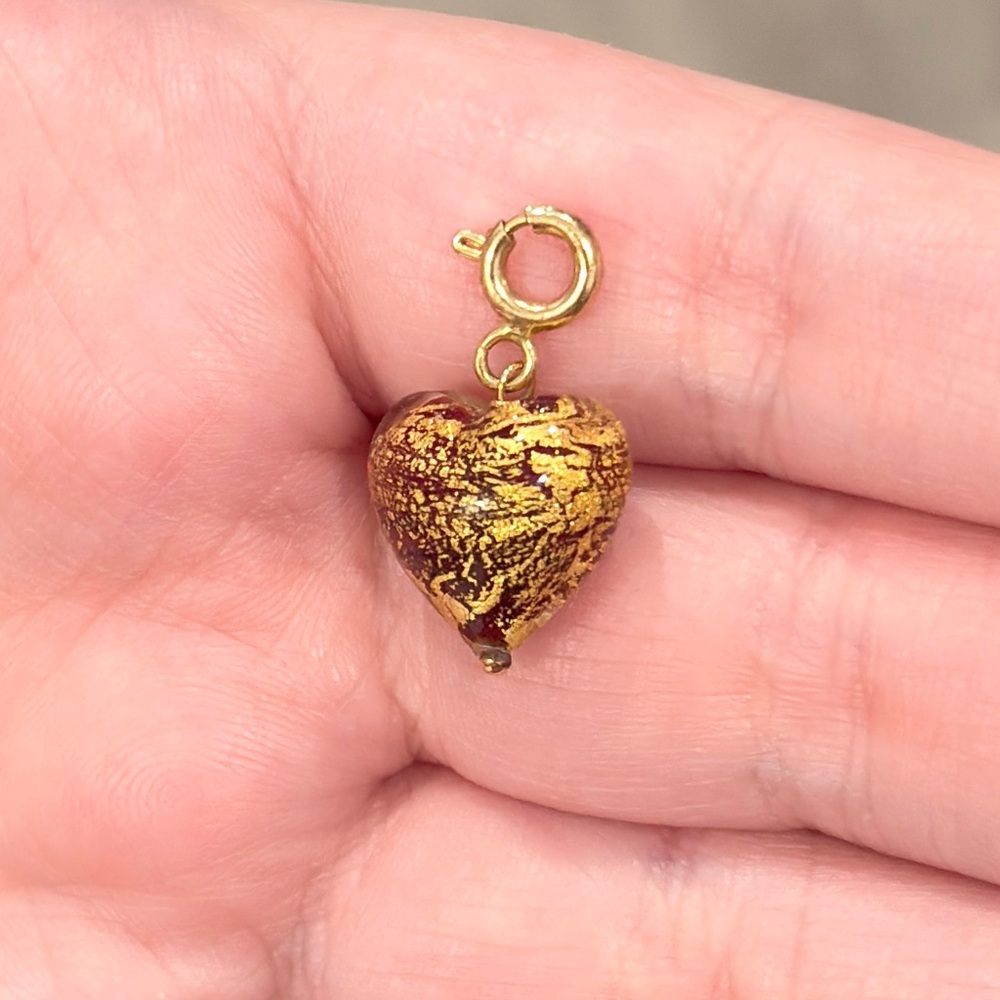 14K Murano Glass Heart Charm, Yellow Gold Pendant, Dainty Petite, Red Gold Bead - Picture 8 of 13